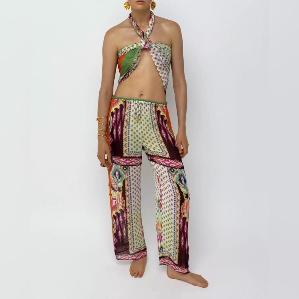 Zara Chiffon Sheer Printed Trousers Aztec design extremely colorful